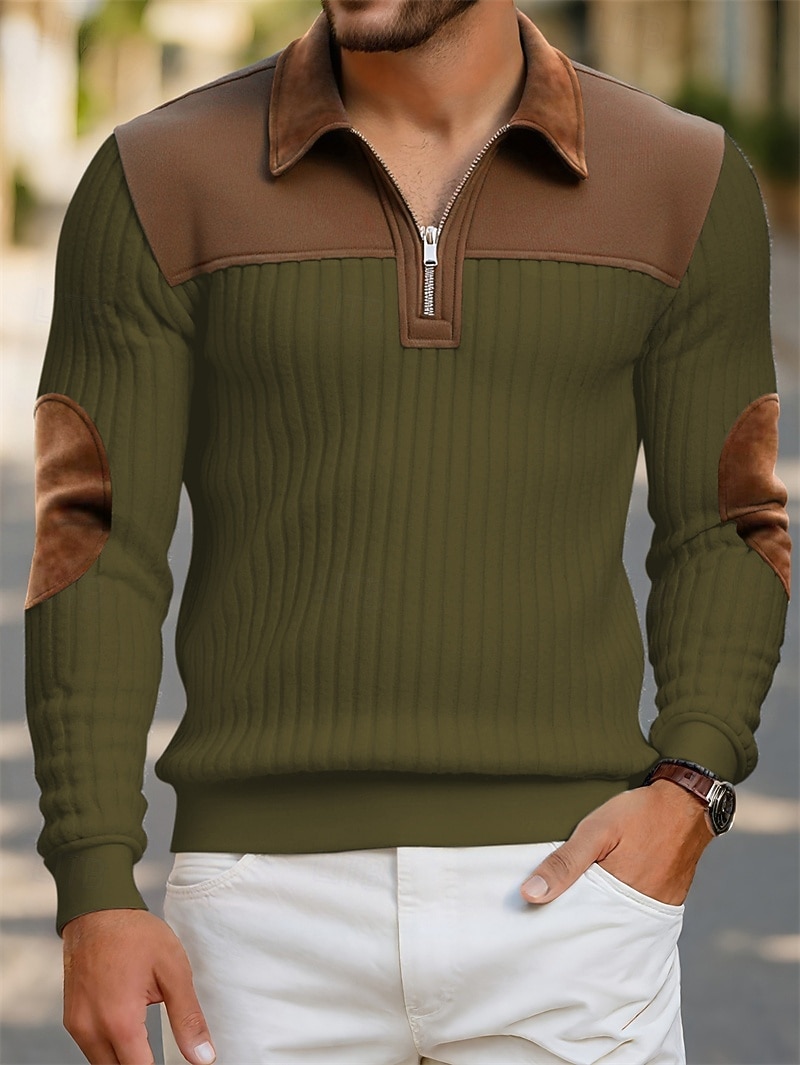 Men's Polo Polo Shirts Vacation Street Quarter Zip Long Sleeve Fashion Basic Color Block Jacquard Patchwork Fall & Winter Regular Fit Black White Army Green Apricot Polo 2025 - $32.99 &ndash;P9