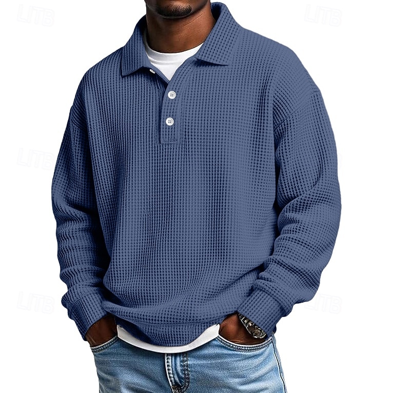 Men's Waffle Polo Shirts Textured Formal Business Ribbed Polo Collar Long Sleeve Fashion Solid Color Buttons Plain Fall Spring & Fall Loose Fit Black Light Green Green Light Blue Purple Khaki Waffle 2025 - $23.99 –P5