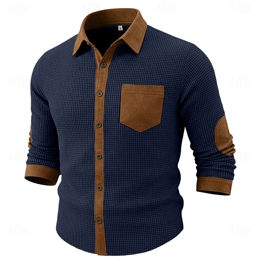 Men's Shirt Waffle Shirt Casual Shirt Vintage Shirt Button Up Shirt Black Navy Blue Green Gray Long Sleeve Textured Lapel Casual Daily Color Block Clothing Apparel Fashion Modern Smart Casual 2025 - $22.49 &ndash;P4