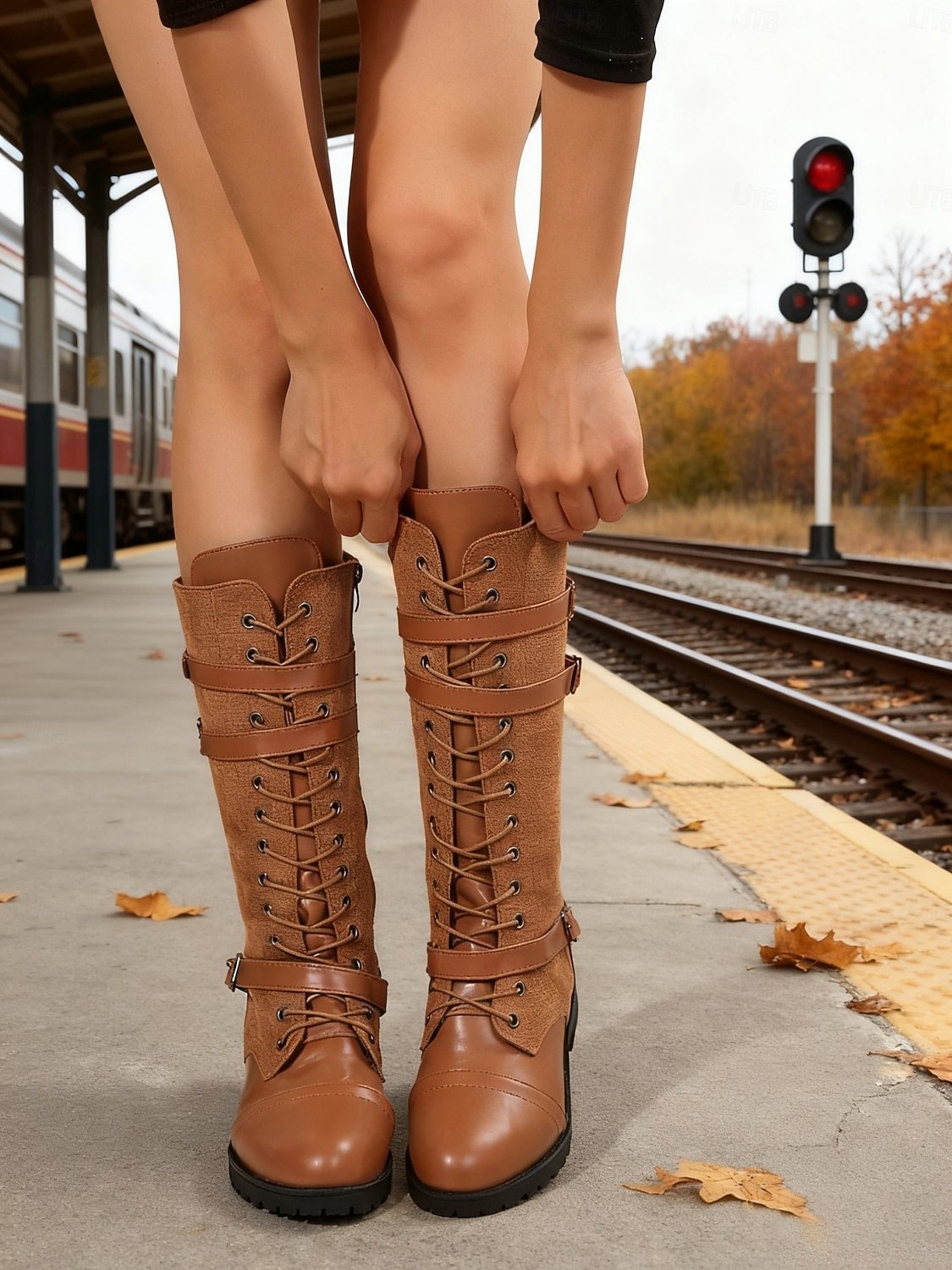  Women's Lace-Up Knee-High Boots - Brown Faux Leather Combat Boots with Buckle Straps