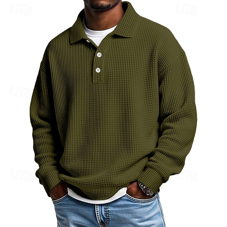 Men's Waffle Polo Shirts Textured Formal Business Ribbed Polo Collar Long Sleeve Fashion Solid Color Buttons Plain Fall Spring & Fall Loose Fit Black Light Green Green Light Blue Purple Khaki Waffle 2025 - $23.99 –P9