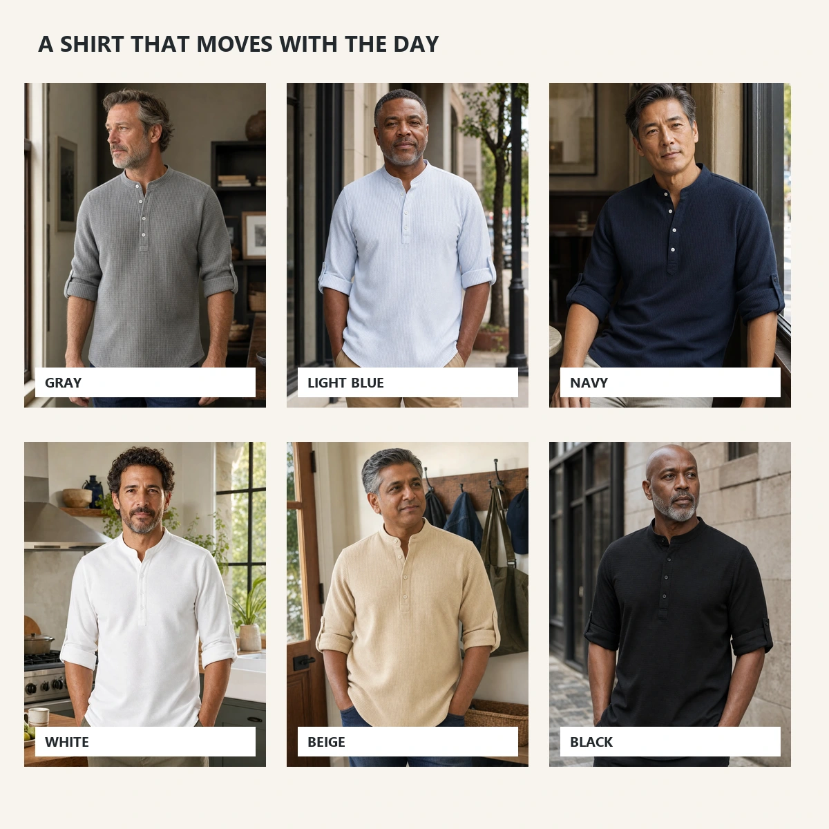 Six different mature American male models wearing the Porto Henley in separate everyday indoor and outdoor settings