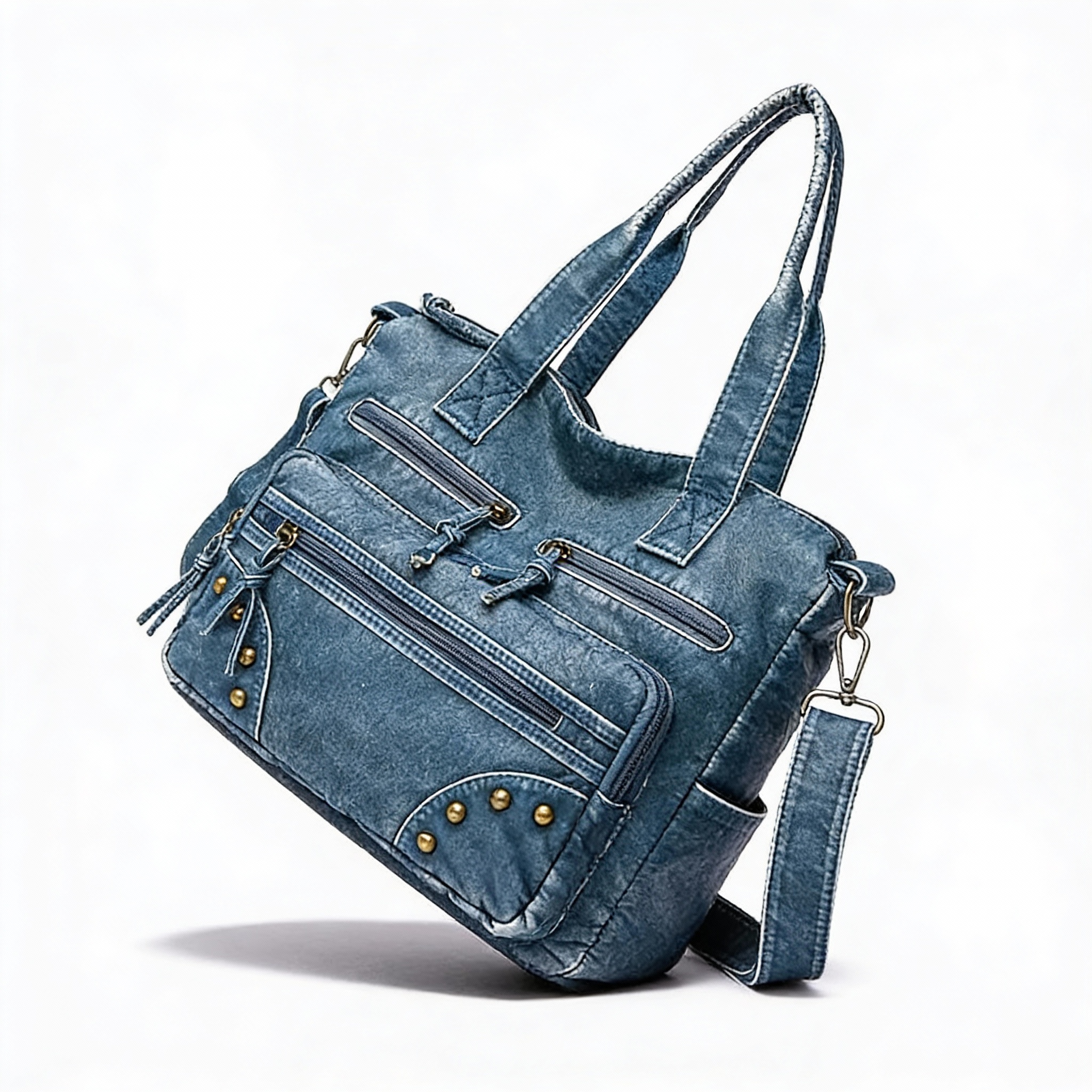 Front view showcasing the classic denim blue and multi-pocket design of the tote bag.