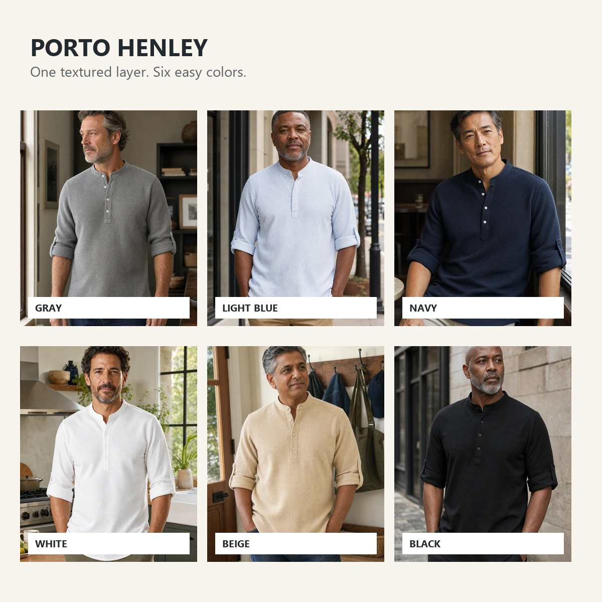 Six different adult American male models around 50 wearing the Porto Henley in gray, light blue, navy, white, beige, and black