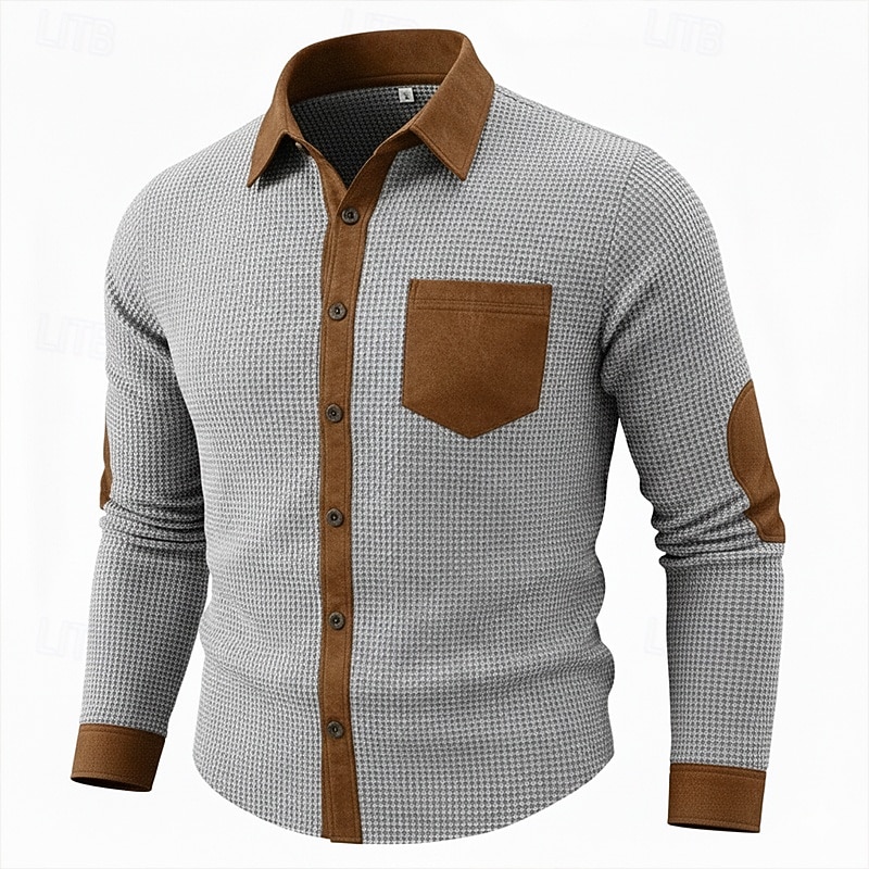 Men's Shirt Waffle Shirt Casual Shirt Vintage Shirt Button Up Shirt Black Navy Blue Green Gray Long Sleeve Textured Lapel Casual Daily Color Block Clothing Apparel Fashion Modern Smart Casual 2025 - $22.49 &ndash;P2