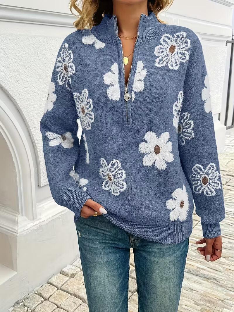 2026 Sping New Floral Pattern Half-zip Pullover Sweater