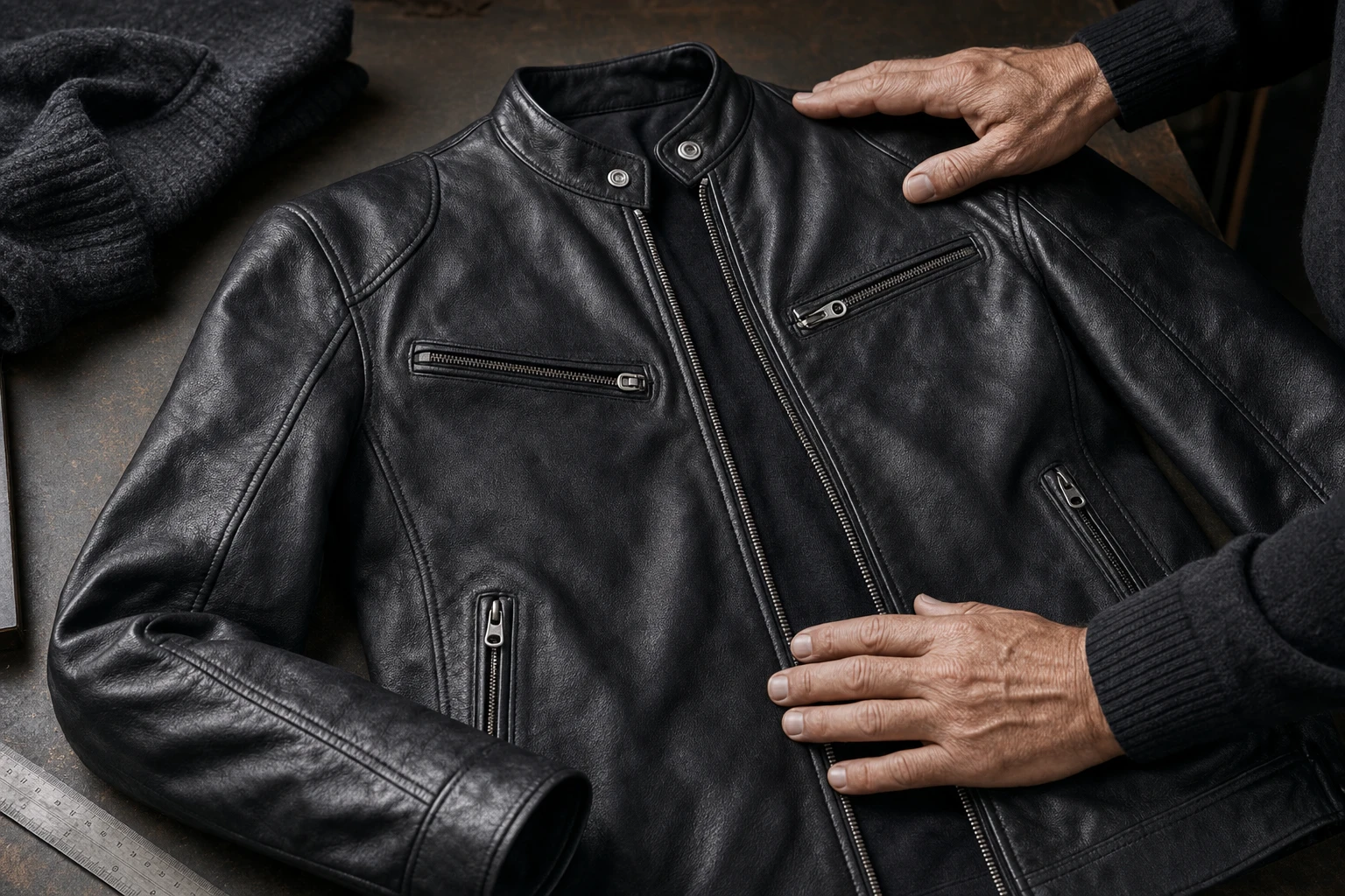 Close-up of the leather jacket showing natural grain, stand collar, full zip, chest zips, and lower zip pockets