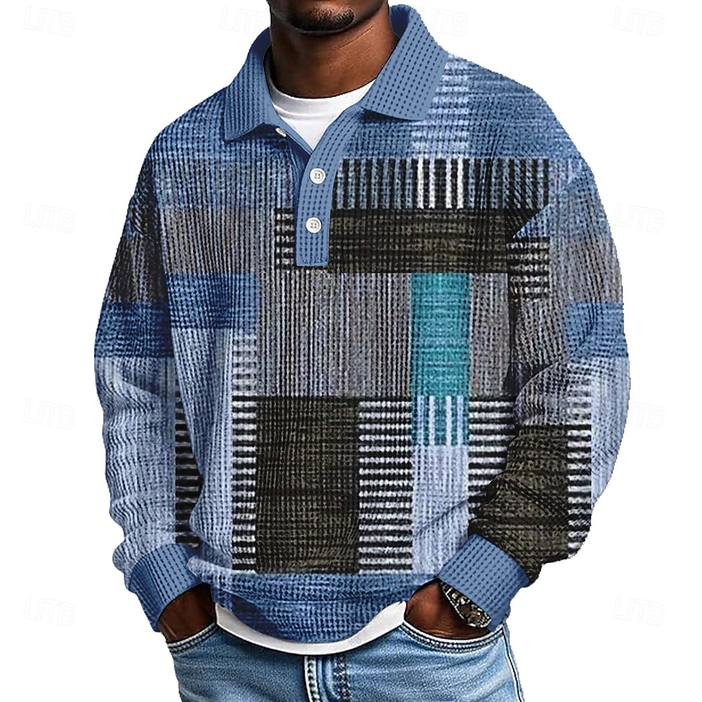 Men's Geometric Color Block Waffle Polo Shirts Textured Long Sleeve Polo Shirts Lapel Casual Athleisure Daily Wear 3D Print Spring Fall Winter Blue Brown Gray 2025 - $26.99 &ndash;P3