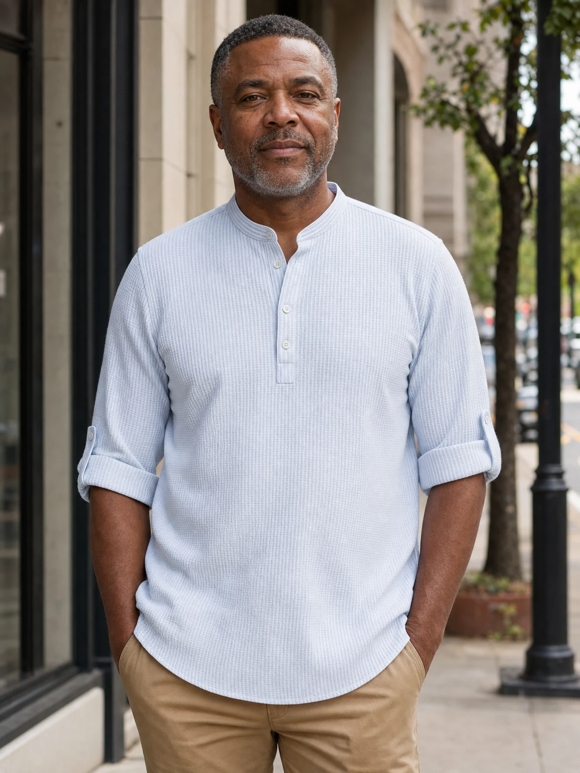 Mature Black American male model wearing the light blue Porto Henley outdoors