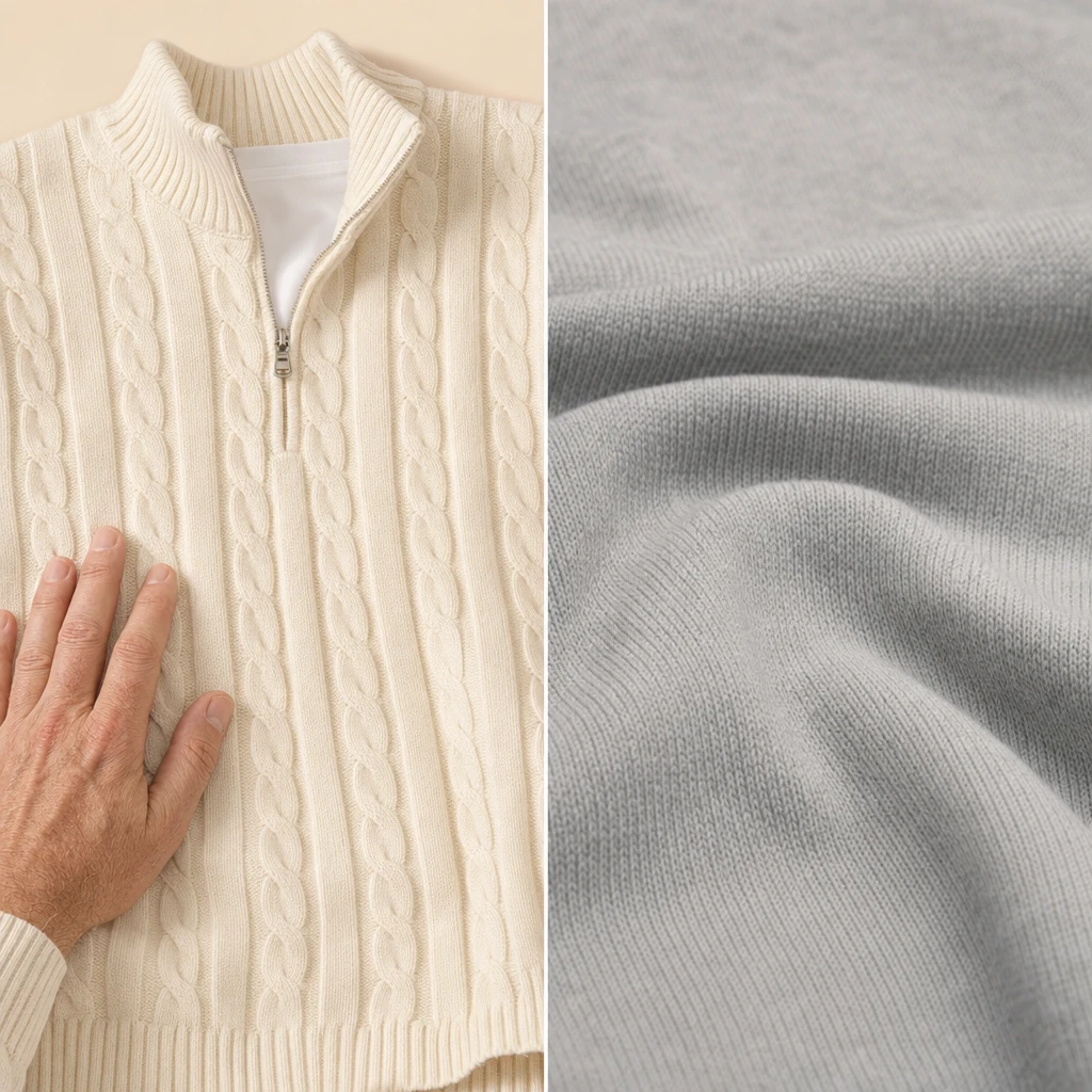 Visual comparison of the product's ivory cotton cable knit and a smooth neutral knit surface, shown as texture references