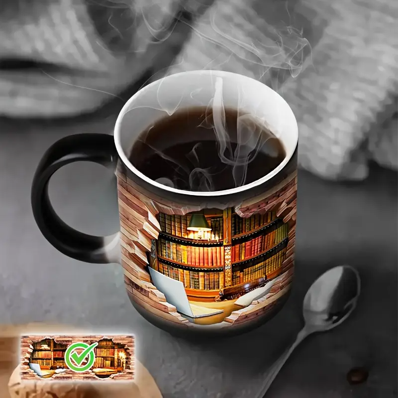 Ceramic Mug with Magical Bookshelf and Heat-Sensitive Effect