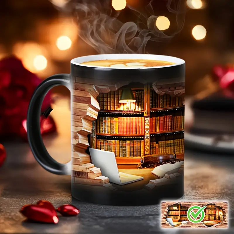 Ceramic Mug with Magical Bookshelf and Heat-Sensitive Effect