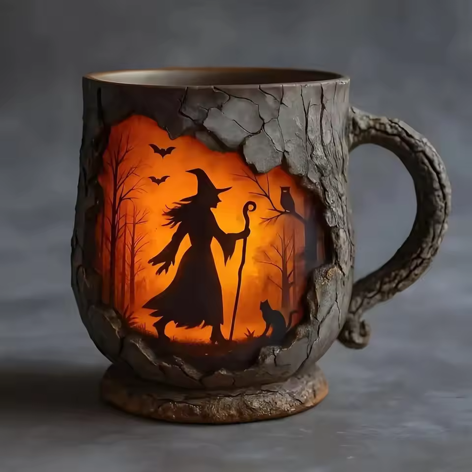 Handmade 3D Halloween Mug – with Witch and Cat Design