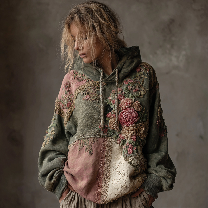 Women's 2026 New Spring Boho Hoodie Patchwork Sweatshirt Embroidery Floral Pullover Sweatshirt