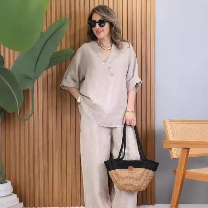 2pcs Plus Size V-Neck Button Up Long Sleeve Linen Top+Pants