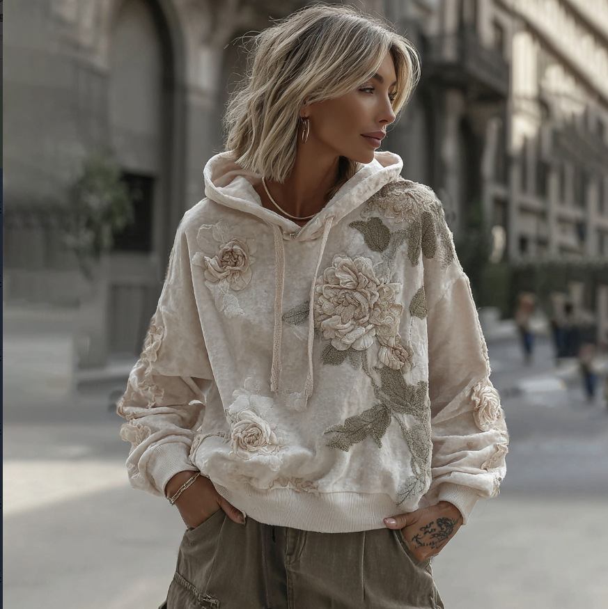 Women's 2026 New Spring Boho Hoodie Patchwork Sweatshirt Embroidery Floral Pullover Sweatshirt