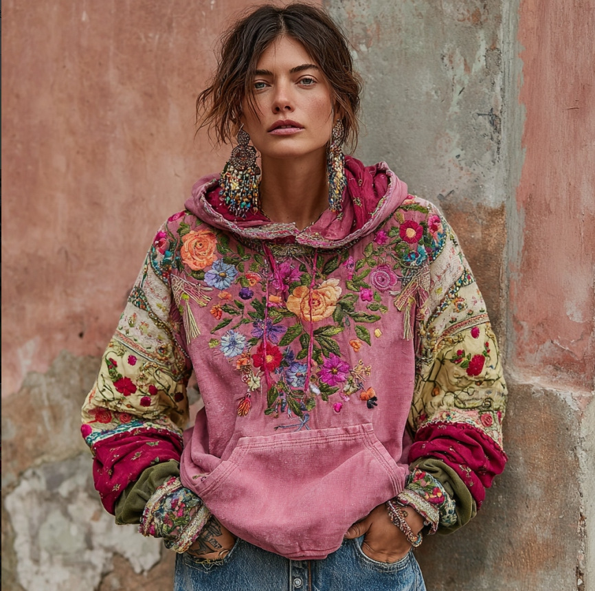 Women's 2026 New Spring Boho Hoodie Patchwork Sweatshirt  Embroidery Floral Pullover Sweatshirt 