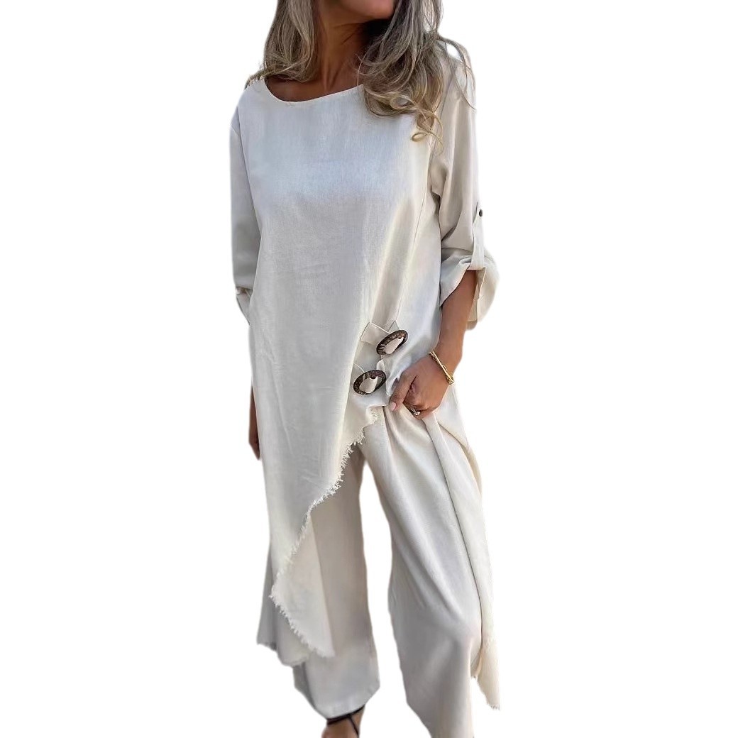 New Metal Buckle Loose Irregular Linen Suit Top+Pants
