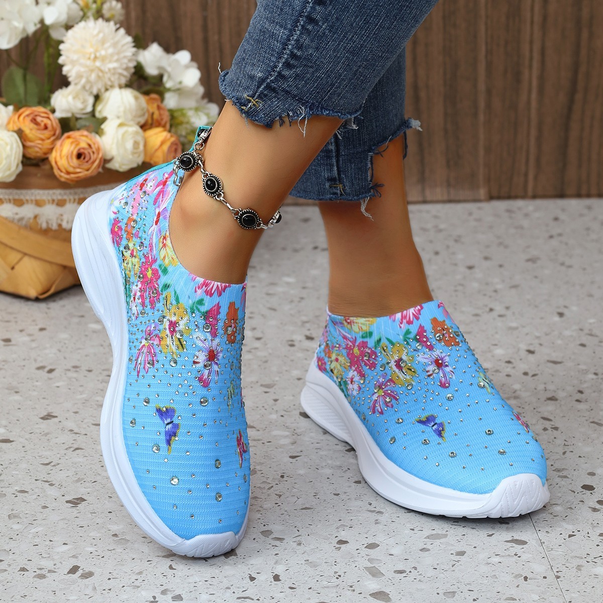 Women's White Slip-On Sneakers with Floral Print and Rhinestones for Casual Wear
