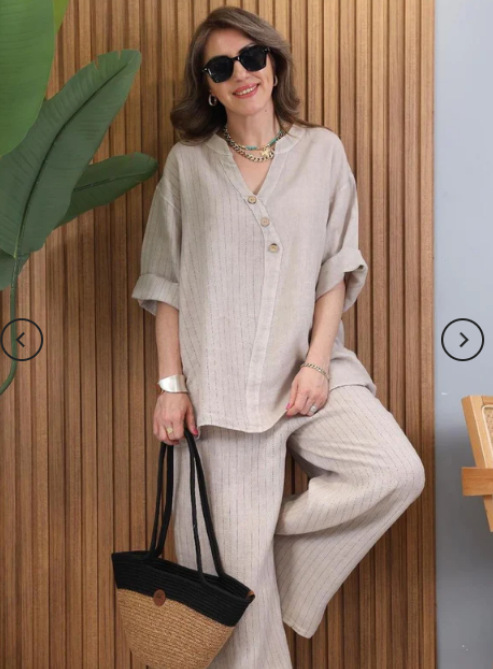 2pcs Plus Size V-Neck Button Up Long Sleeve Linen Top+Pants