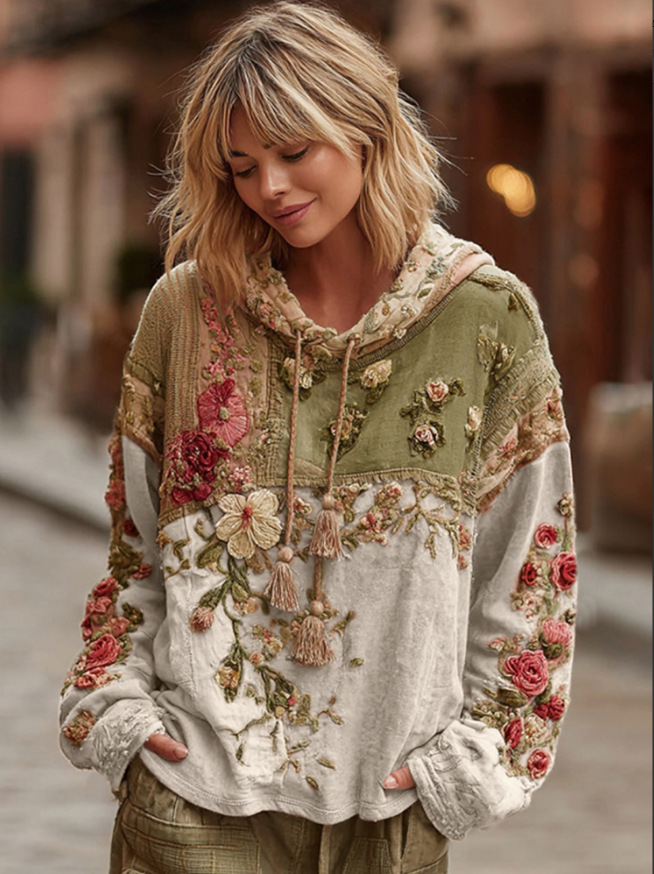 Women's 2026 New Spring Boho Hoodie Patchwork Sweatshirt Embroidery Floral Pullover Sweatshirt