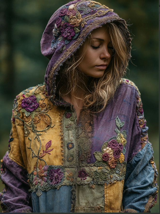 Women's 2026 New Spring Boho Hoodie Patchwork Sweatshirt Embroidery Floral Pullover Sweatshirt