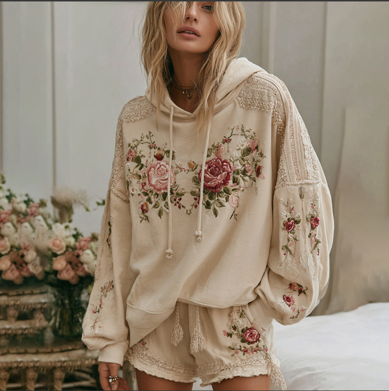 Women's 2026 New Spring Boho Hoodie Patchwork Sweatshirt  Embroidery Floral Pullover Sweatshirt 
