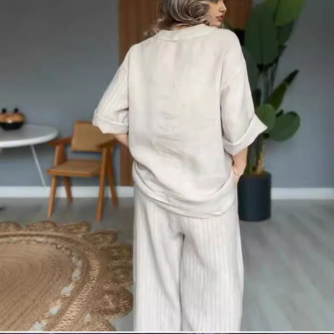 2pcs Plus Size V-Neck Button Up Long Sleeve Linen Top+Pants