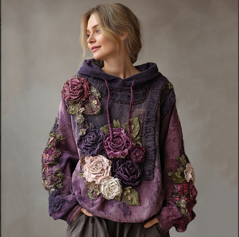 Women's 2026 New Spring Boho Hoodie Patchwork Sweatshirt Embroidery Floral Pullover Sweatshirt