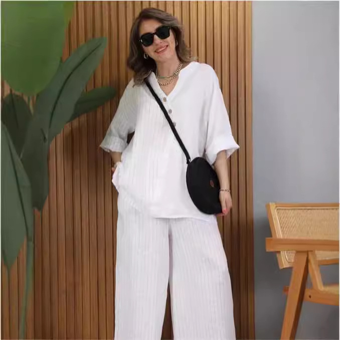 2pcs Plus Size V-Neck Button Up Long Sleeve Linen Top+Pants