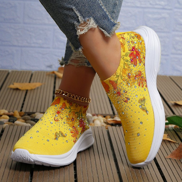 Women's White Slip-On Sneakers with Floral Print and Rhinestones for Casual Wear