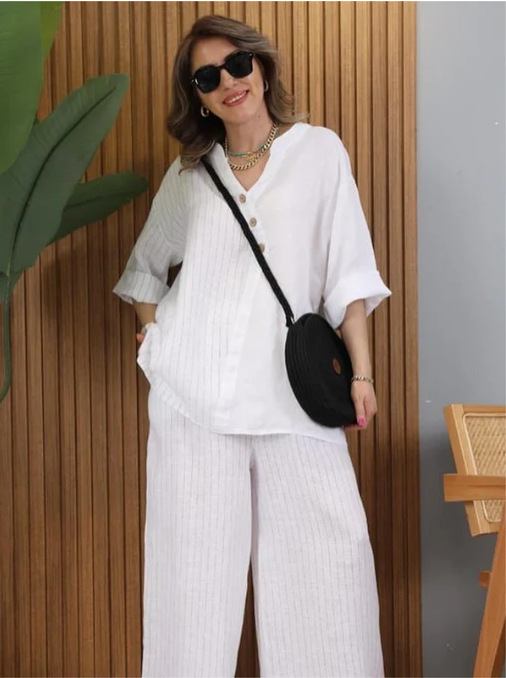 2pcs Plus Size V-Neck Button Up Long Sleeve Linen Top+Pants