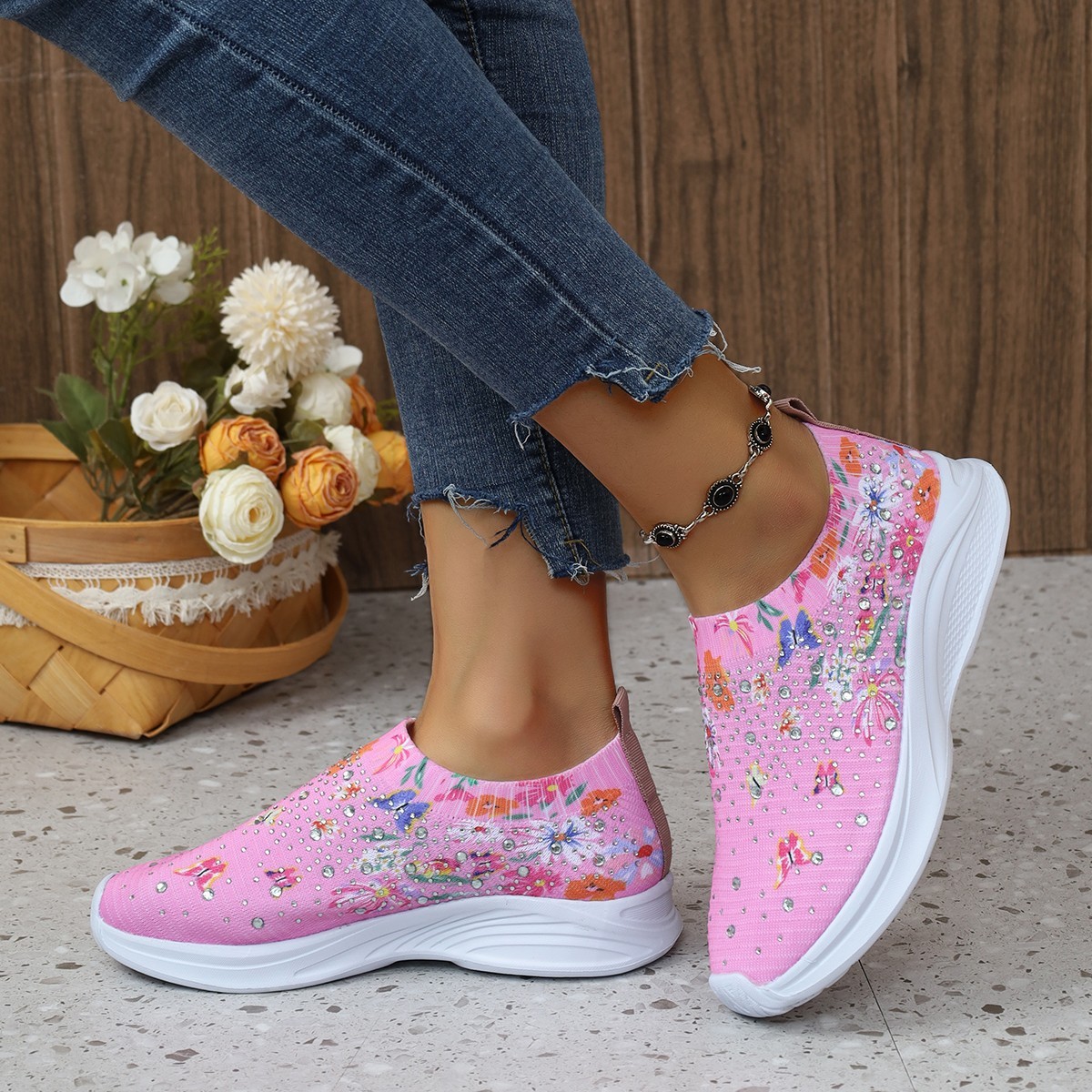 Women's White Slip-On Sneakers with Floral Print and Rhinestones for Casual Wear