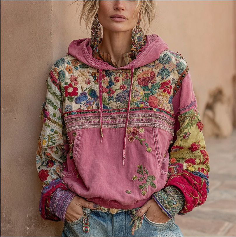 Women's 2026 New Spring Boho Hoodie Patchwork Sweatshirt Embroidery Floral Pullover Sweatshirt