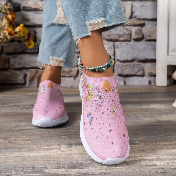 Women's White Slip-On Sneakers with Floral Print and Rhinestones for Casual Wear