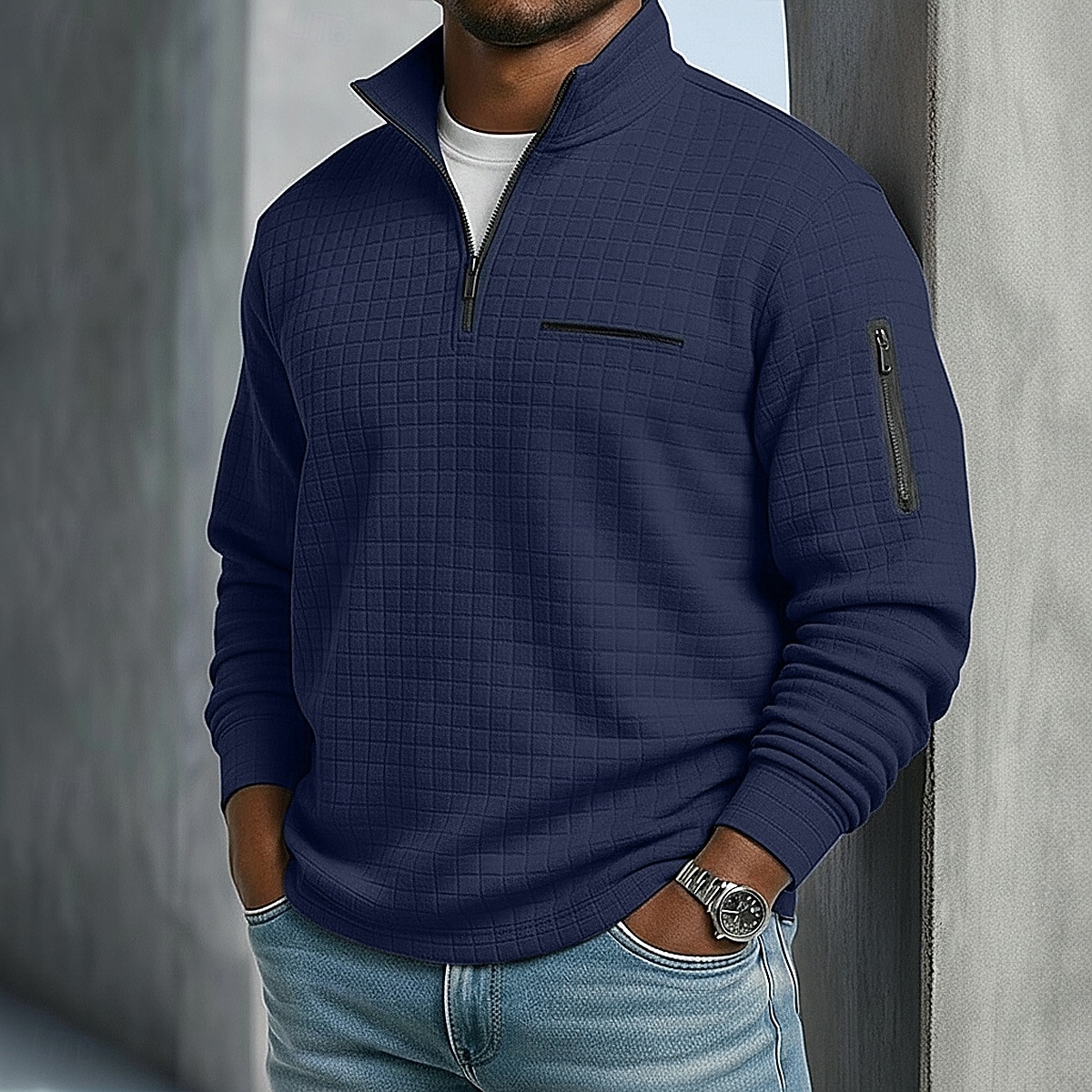 Men's Waffle Polo Shirts Textured Sports & Outdoor Casual Quarter Zip Long Sleeve Fashion Comfortable Zip Up Pocket Spring &  Fall Cross-Seasons Fall & Winter Black White Navy Blue Purple Orange 2025 - $22.99 &ndash;P12