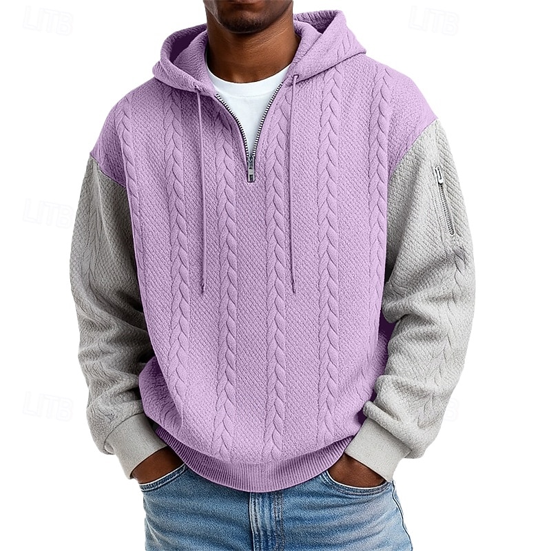 Men's Jacquard Hoodie Pullover Hoodie Sweatshirt Quarter Zip Hoodie Light Green Purple Gray Hooded Plain Patchwork Color Block Textured Casual Daily Sports & Outdoor Streetwear Cool Sportswear Spring 2025 - $23.99 –P3