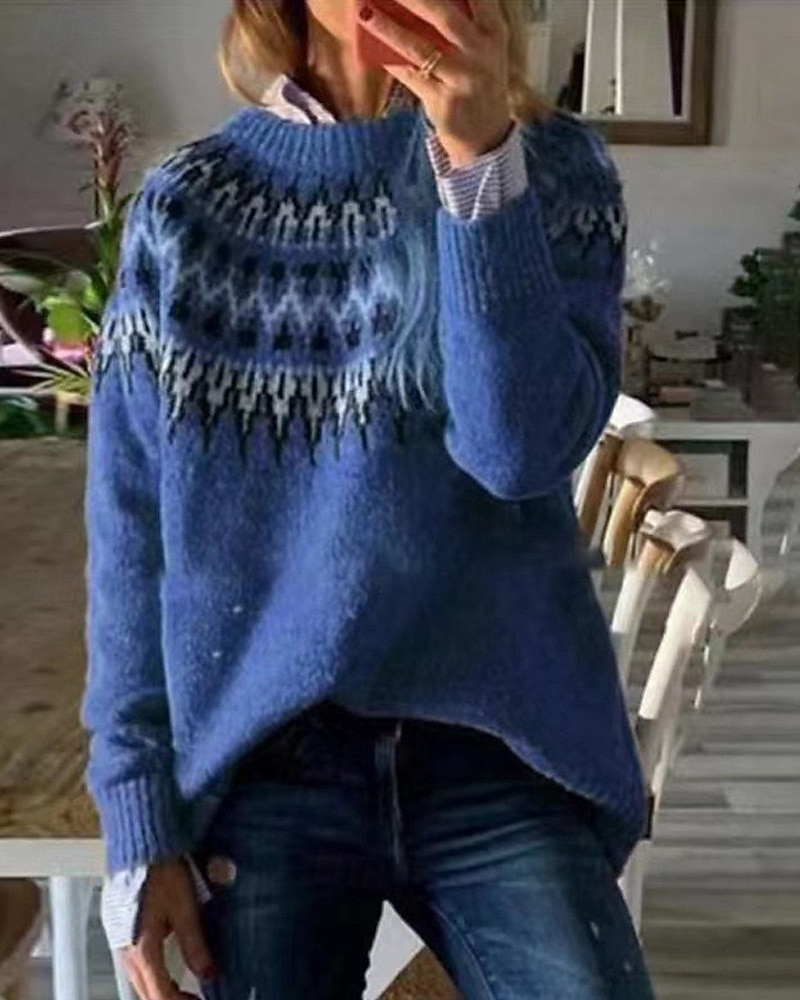 Women's Christmas Sweater Fair Isle Sweater Sweater Fair Isle Sweater Fashion Streetwear Casual Geometric Ribbed Crew Neck Knitted Long Sleeve Regular Tops Knit Outdoor Daily Weekend White Pink Fall 2025 - $31.99 &ndash;P6