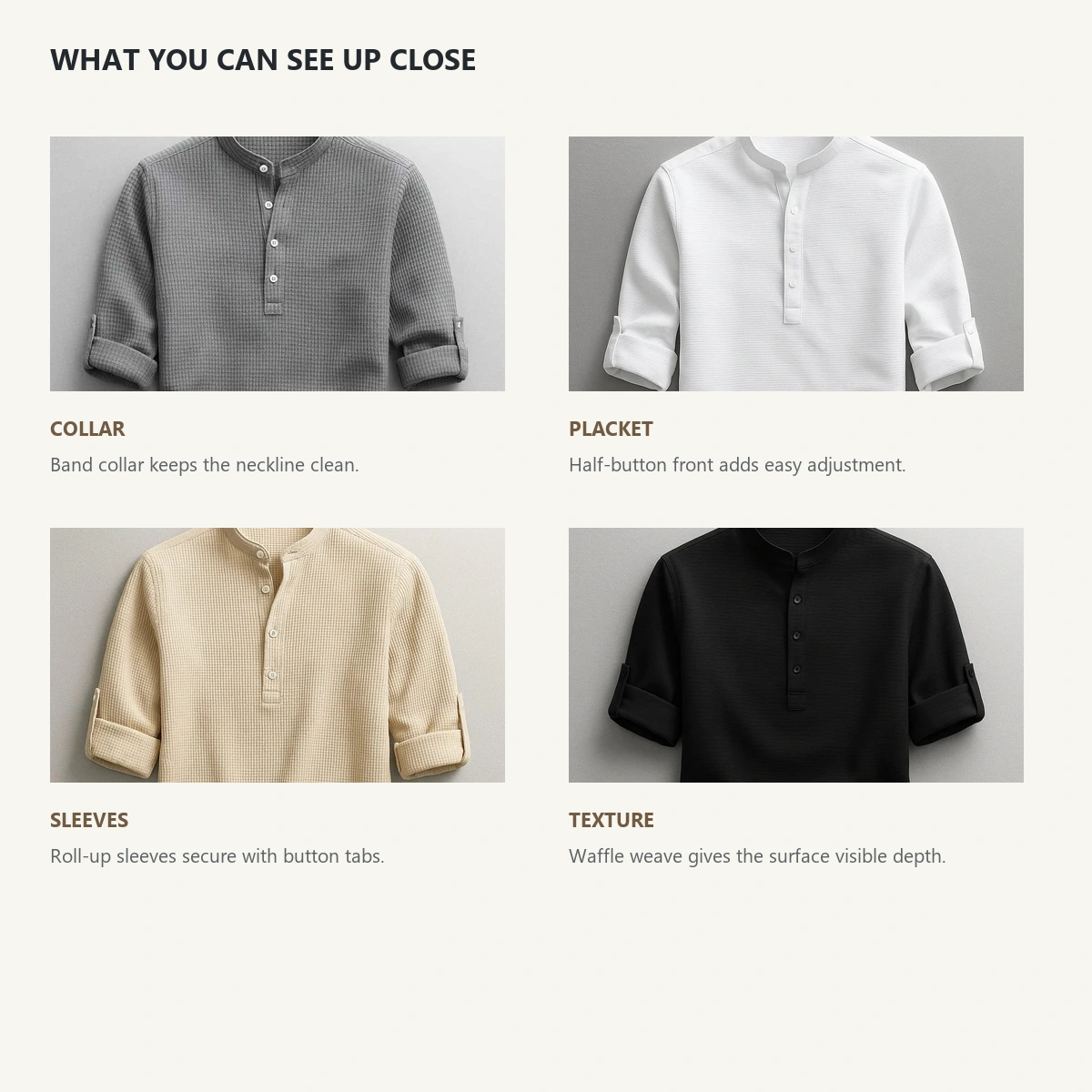 Close-up feature board showing the Porto Henley collar, placket, roll-up sleeves, button tabs, and waffle texture