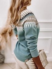 Women's Sweater Pullover Sweater Jumper Casual Soft Geometric Color Block Ribbed Crew Neck Knitted Long Sleeve Regular Tops Knit Outdoor Daily Weekend Pink Blue Fall Winter