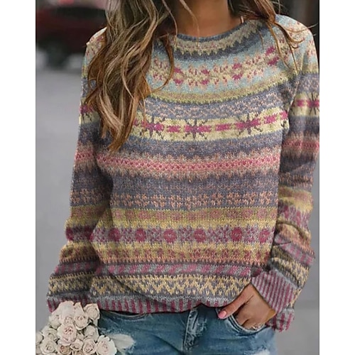 Women's Sweater Pullover Sweater Jumper Casual Soft Geometric Color Block Ribbed Crew Neck Knitted Long Sleeve Regular Tops Knit Outdoor Daily Weekend Pink Blue Fall Winter