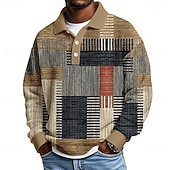Men's Geometric Color Block Waffle Polo Shirts Textured Long Sleeve Polo Shirts Lapel Casual Athleisure Daily Wear 3D Print Spring Fall Winter Blue Brown Gray