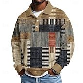 Men's Geometric Color Block Waffle Polo Shirts Textured Long Sleeve Polo Shirts Lapel Casual Athleisure Daily Wear 3D Print Spring Fall Winter Blue Brown Gray