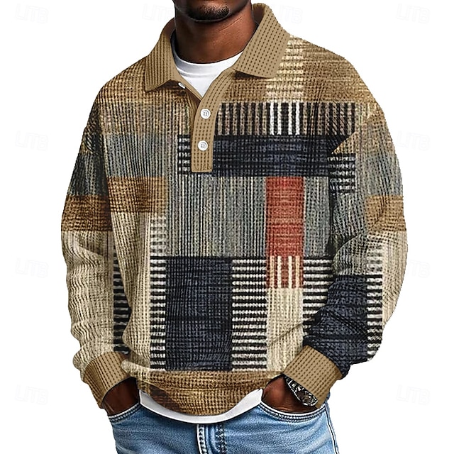 Men's Geometric Color Block Waffle Polo Shirts Textured Long Sleeve Polo Shirts Lapel Casual Athleisure Daily Wear 3D Print Spring Fall Winter Blue Brown Gray