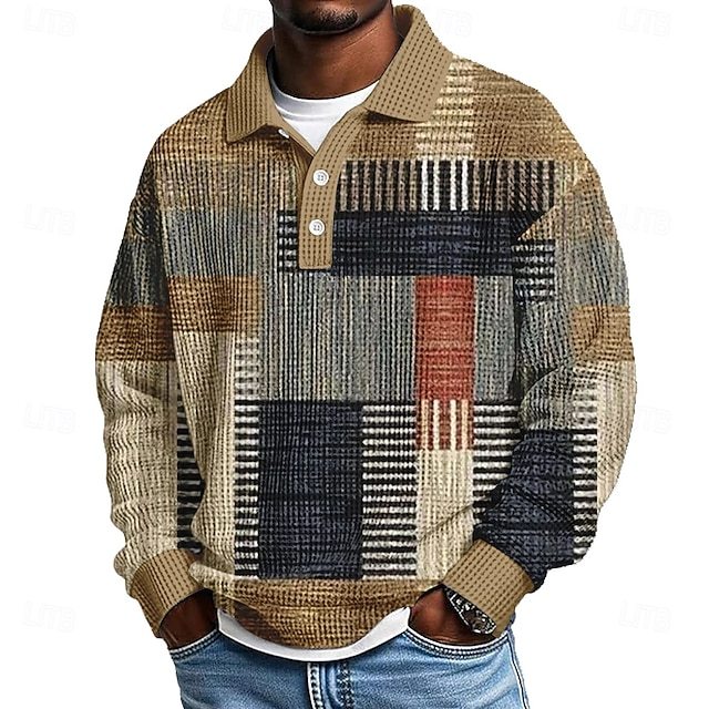 Men's Geometric Color Block Waffle Polo Shirts Textured Long Sleeve Polo Shirts Lapel Casual Athleisure Daily Wear 3D Print Spring Fall Winter Blue Brown Gray