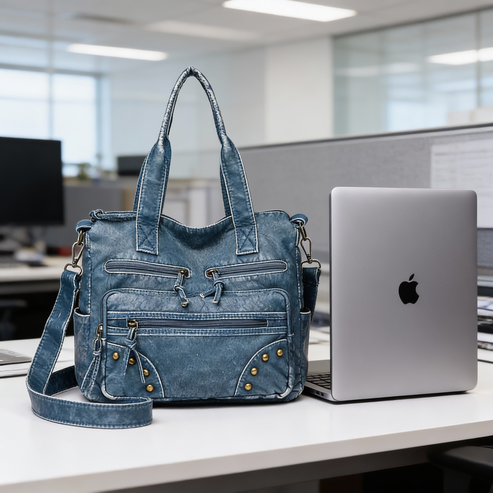 Model carrying the tote bag, demonstrating its comfortable fit and stylish appearance in use.