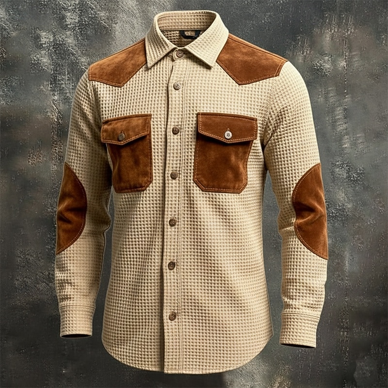 Men's Shirt Waffle Shirt Casual Shirt Vintage Shirt Button Up Shirt Cargo Shirt Black khaki Long Sleeve Color Block Lapel Outdoor Casual Patchwork Clothing Apparel Fashion Vintage Retro 2025 - $26.99 –P1