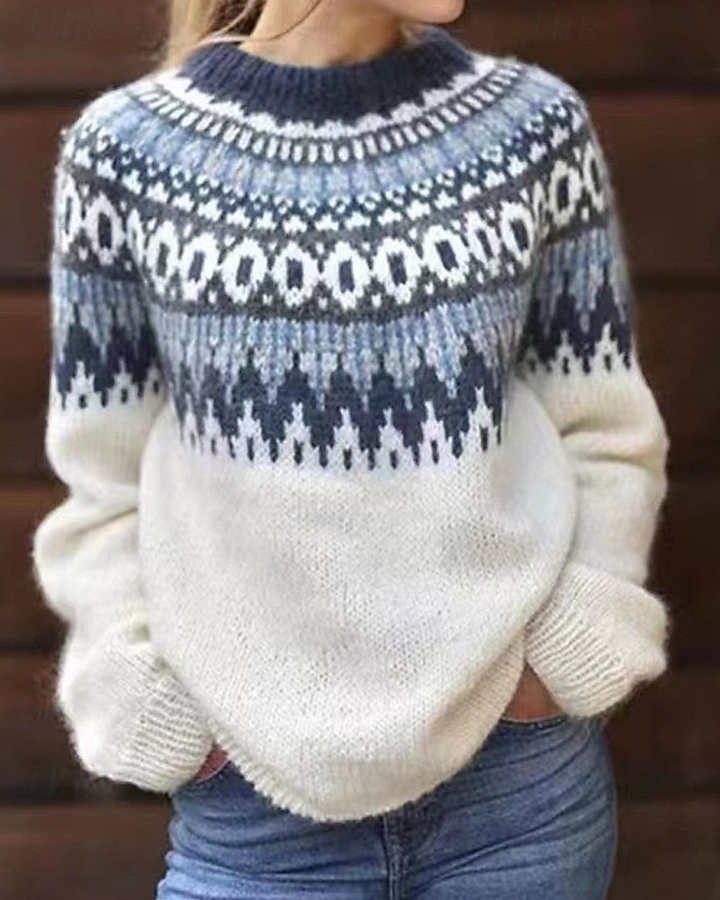 Women's Christmas Sweater Fair Isle Sweater Sweater Fair Isle Sweater Fashion Streetwear Casual Geometric Ribbed Crew Neck Knitted Long Sleeve Regular Tops Knit Outdoor Daily Weekend White Pink Fall 2025 - $31.99 &ndash;P1