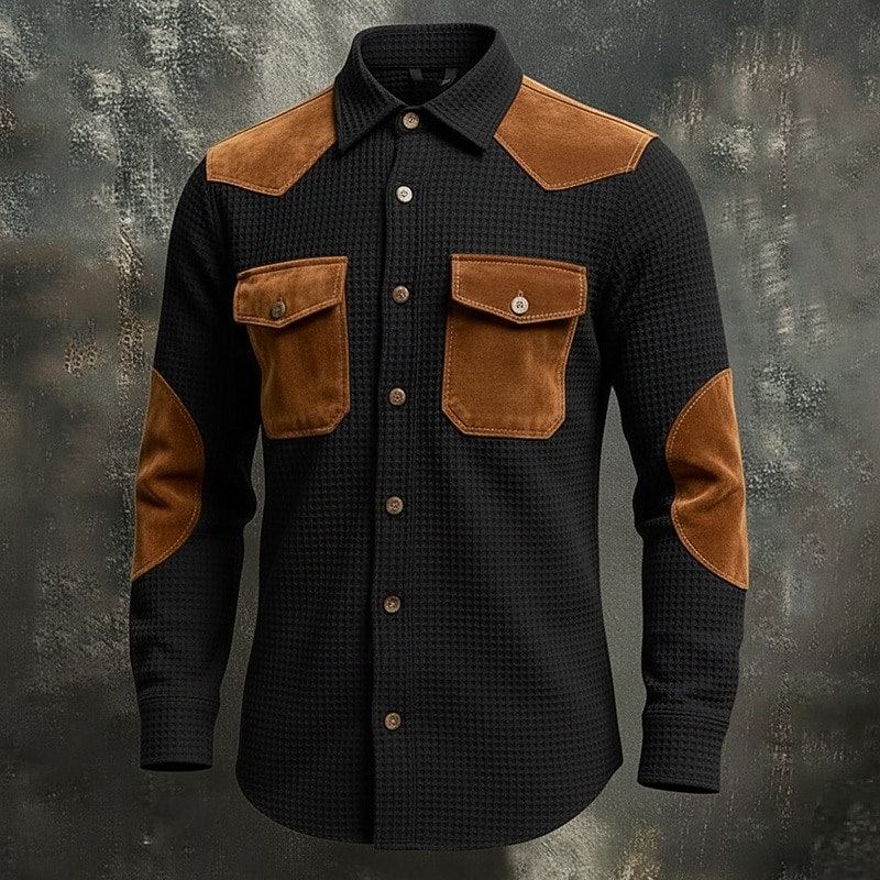 Men's Shirt Waffle Shirt Casual Shirt Vintage Shirt Button Up Shirt Cargo Shirt Black khaki Long Sleeve Color Block Lapel Outdoor Casual Patchwork Clothing Apparel Fashion Vintage Retro 2025 - $26.99 –P4