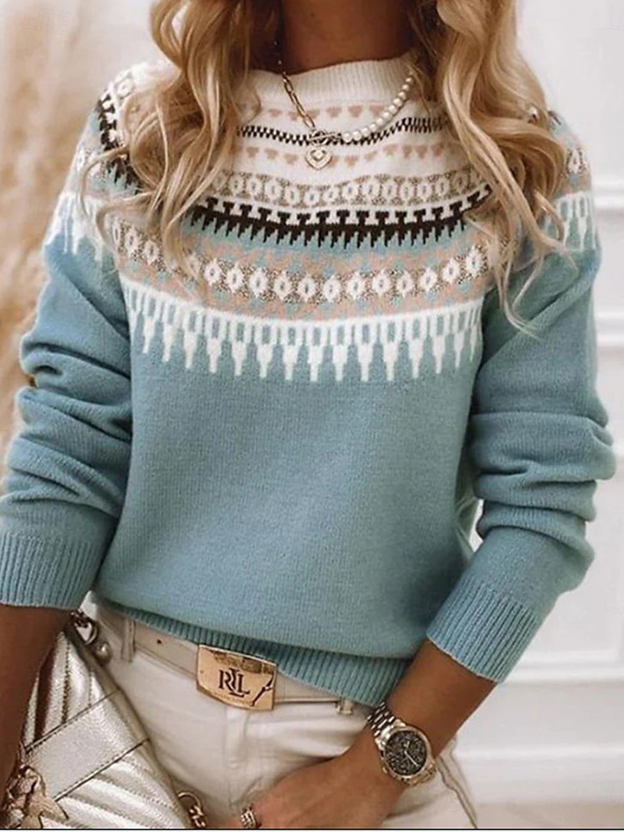 Women's Sweater Pullover Sweater Jumper Casual Soft Geometric Color Block Ribbed Crew Neck Knitted Long Sleeve Regular Tops Knit Outdoor Daily Weekend Pink Blue Fall Winter 2025 - $31.99 &ndash;P1